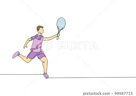 Single continuous line drawing of young agile man tennis player defense and hold the ball. Sport exercise concept. Trendy one line draw design vector illustration for tennis tournament promotion media Single continuous line drawing of young agile man tennis player defense and hold the ball. Sport exercise concept. Trendy one line draw design vector illustration for tennis tournament promotion media 99987715