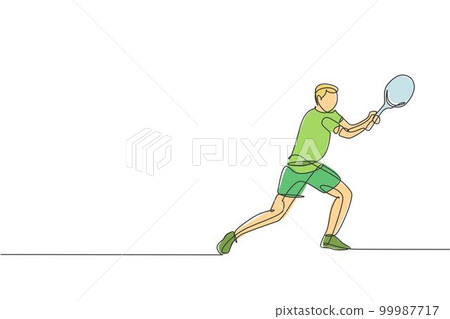 One single line drawing young energetic male tennis player hit the ball graphic vector illustration. Sport training concept. Modern continuous line draw design for tennis tournament banner and poster One single line drawing young energetic male tennis player hit the ball graphic vector illustration. Sport training concept. Modern continuous line draw design for tennis tournament banner and poster 99987717