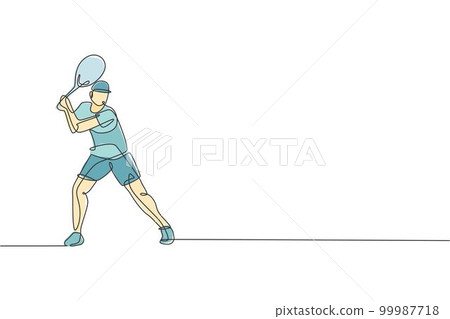 One continuous line drawing of young happy tennis player concentrate to hit the ball. Competitive sport concept. Dynamic single line draw design vector illustration for tournament promotion poster One continuous line drawing of young happy tennis player concentrate to hit the ball. Competitive sport concept. Dynamic single line draw design vector illustration for tournament promotion poster 99987718
