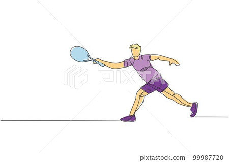 One single line drawing young energetic man tennis player hit the ball vector graphic illustration. Sport training concept. Modern continuous line draw design for tennis tournament banner and poster One single line drawing young energetic man tennis player hit the ball vector graphic illustration. Sport training concept. Modern continuous line draw design for tennis tournament banner and poster 99987720