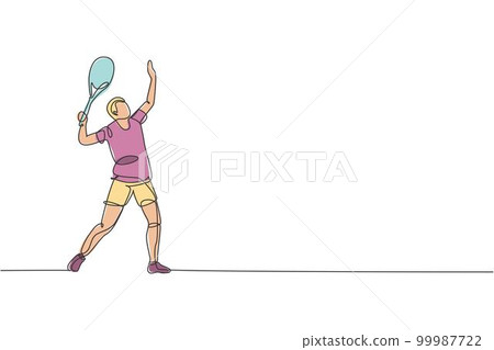 Single continuous line drawing of young agile tennis player prepare to service the ball. Sport exercise concept. Trendy one line draw design vector illustration for tennis tournament promotion media 99987722