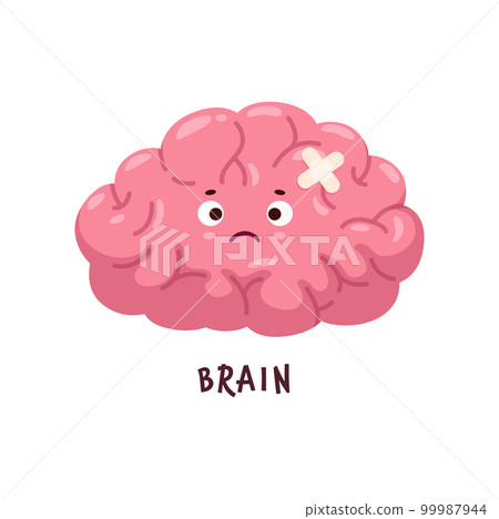 Brain sick, body organ character injured or unhealthy, cartoon vector personage. Human brain with face in pain, headache or mental disease, migraine ache or heart stroke, sick brain with patch 99987944