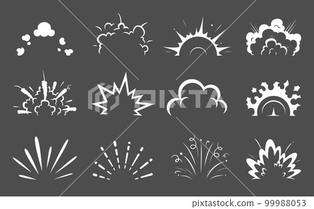 Cartoon bomb explosion and comic clouds of boom blast, explosive effect vector icons. Bomb explode or TNT dynamite detonation sparks and bang boom pop clouds with explode shot trails 99988053