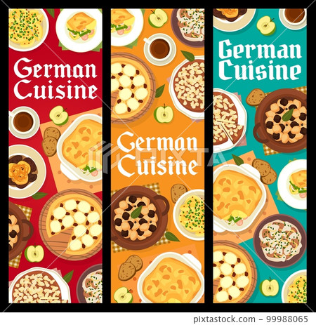 German cuisine meals banners, Germany food fishes vector menu. German cuisine food cheese cake streusel, vegetable sausage casserole spaetzle and beef stew schnelklops with mustard potato salad German cuisine meals banners, Germany food fishes vector menu. German cuisine food cheese cake streusel, vegetable sausage casserole spaetzle and beef stew schnelklops with mustard potato salad 99988065