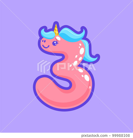 Three digit ABC font element, unicorn font cartoon numeral, calendar, calculator element. Vector figure with cute face and hair, 3 third number Three digit ABC font element, unicorn font cartoon numeral, calendar, calculator element. Vector figure with cute face and hair, 3 third number 99988108