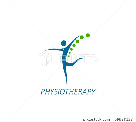 Physiotherapy, spine pain therapy icon. Physiotherapy clinic, spine health doctor or chiropractic massage therapist vector emblem. Back pain treatment medical practice sign or symbol with human figure 99988138