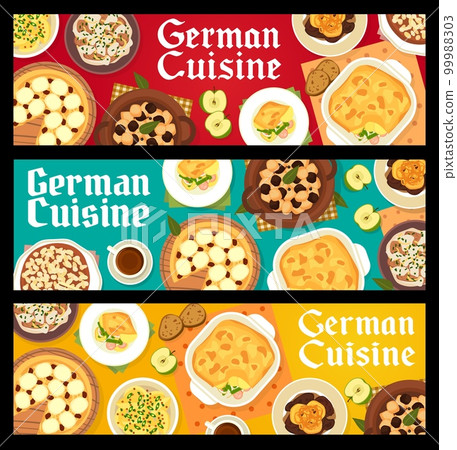 German cuisine meals banners, food of Germany, vector dinner dishes. German cuisine food menu, apple streusel cake, beef stew schnelklops and liver with pineapple and vegetables sausage casserole 99988303