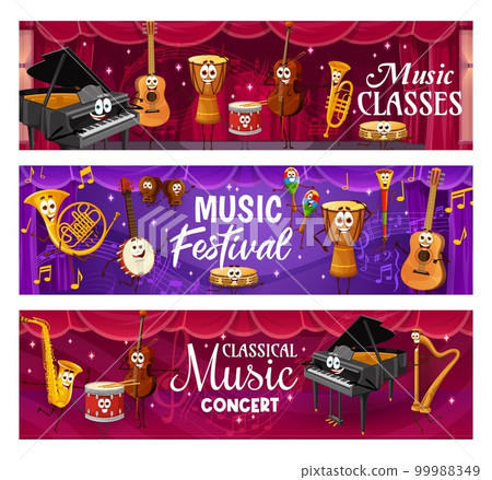 Cartoon musical instrument characters. Live music festival, party and concert banners with vector piano, guitar, drums and saxophone, violin, harp, trumpet and banjo personages, happy faces and notes Cartoon musical instrument characters. Live music festival, party and concert banners with vector piano, guitar, drums and saxophone, violin, harp, trumpet and banjo personages, happy faces and notes 99988349