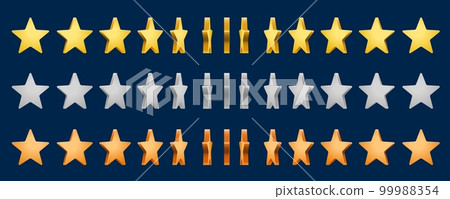 Golden, silver and bronze star rotate animation. Animated game sprite sheet, frame sequence of vector 3d rate, score or bonus stars rotation motion. Video game ui assets, glossy metal awards or medals Golden, silver and bronze star rotate animation. Animated game sprite sheet, frame sequence of vector 3d rate, score or bonus stars rotation motion. Video game ui assets, glossy metal awards or medals 99988354