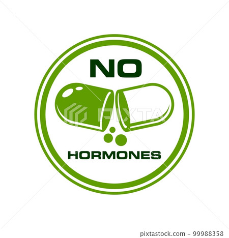 No hormones icon or hormones free emblem for food and natural products, vector stamp. No hormones stamp vector with pill capsule for safe meat food and USDA health quality certificate seal 99988358