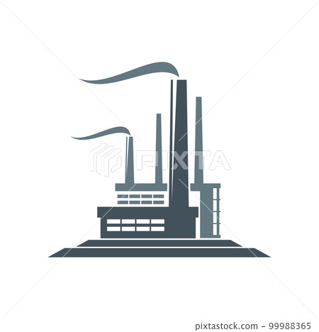 Factory or industrial plant icon of vector building with chimneys and smoke. Power plant of energy or chemical industry, oil and gas refinery, energy production nuclear power station silhouette 99988365