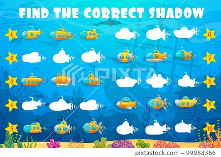 Find the correct shadow of yellow submarine, underwater landscape. Kids vector game worksheet with cartoon sub boats in ocean. Children logic activity, preschool or kindergarten education puzzle 99988366