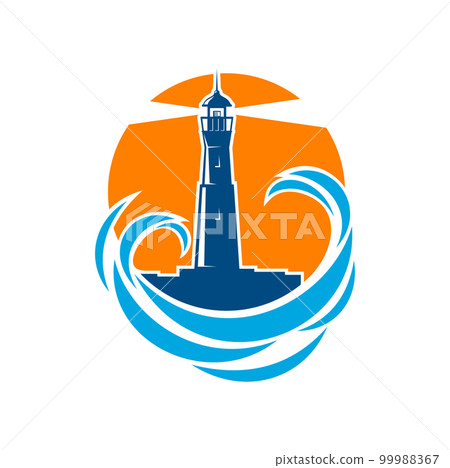 Lighthouse or beacon with sea and ocean waves. Vector tower of light house icon with searchlight beam, blue water surf and sunset sky isolated symbol, nautical navigation and marine safety themes Lighthouse or beacon with sea and ocean waves. Vector tower of light house icon with searchlight beam, blue water surf and sunset sky isolated symbol, nautical navigation and marine safety themes 99988367