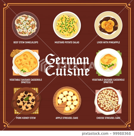 German cuisine menu, Germany food dishes and meals, vector restaurant lunch and dinner. German cuisine food beef stew schnelklops and casserole spaetzle of sausage, apple and cheese streusel cakes 99988368