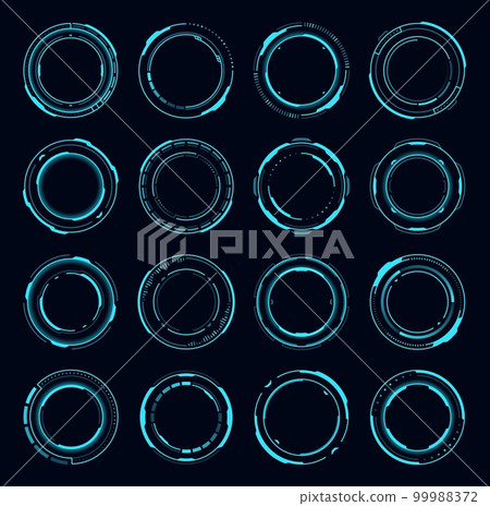 HUD round frame borders, aim control target and navigation element, vector circles. HUD futuristic technology or Sci Fi game interface of digital holograms or circle frames and virtual round controls HUD round frame borders, aim control target and navigation element, vector circles. HUD futuristic technology or Sci Fi game interface of digital holograms or circle frames and virtual round controls 99988372
