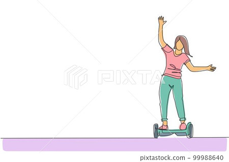 One single line drawing of young energetic man riding hoverboard at city park vector illustration. Future gyro scooter transport. Healthy urban lifestyle concept. Modern continuous line draw design 99988640