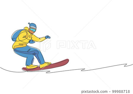 One continuous line drawing of young sporty man snowboarder riding snowboard in alps snowy powder mountain. Winter lifestyle sport concept. Dynamic single line draw design graphic vector illustration One continuous line drawing of young sporty man snowboarder riding snowboard in alps snowy powder mountain. Winter lifestyle sport concept. Dynamic single line draw design graphic vector illustration 99988718