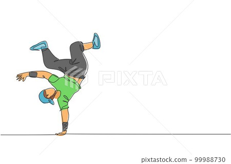 One continuous line drawing of young sporty break dancer man with casual shirt show hiphop dance style in the street. Urban lifestyle sport concept. Dynamic single line draw design vector illustration 99988730