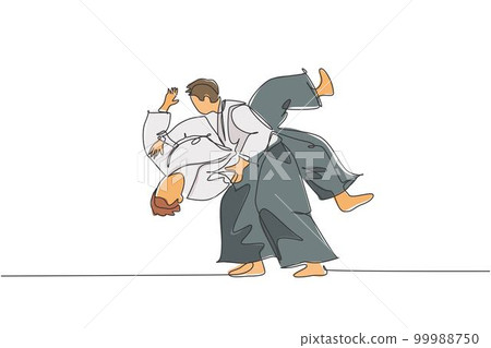 Single continuous line drawing of two young sportive man wearing kimono practice slamming in aikido fighting technique. Japanese martial art concept. Trendy one line draw design vector illustration 99988750