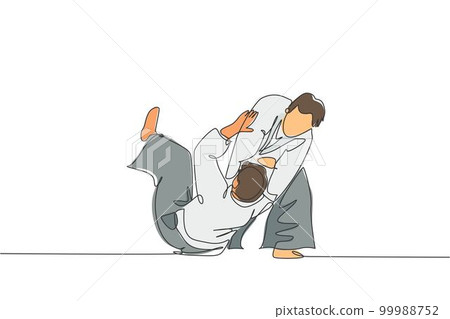 One single line drawing of two young energetic men wearing kimono exercise aikido throw technique in sport hall vector illustration. Healthy lifestyle sport concept. Modern continuous line draw design One single line drawing of two young energetic men wearing kimono exercise aikido throw technique in sport hall vector illustration. Healthy lifestyle sport concept. Modern continuous line draw design 99988752