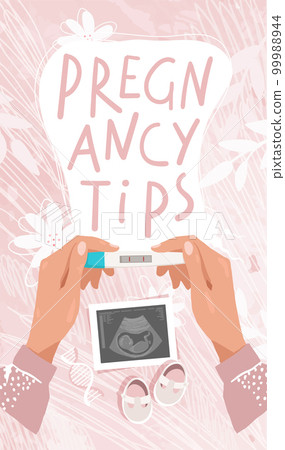 Pregnancy tips, female hands with a positive pregnancy test and ultrasound scan. Modern background for story, flat cartoon design of in vitro fertilization, motherhood and parenthood. Vector 99988944