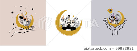 Microdose banner, set of mystical boho tattoos, meditating woman, fly agaric forest mushrooms, moon and fern. Vector illustration for witch, halloween, witchcraft. Microdose banner, set of mystical boho tattoos, meditating woman, fly agaric forest mushrooms, moon and fern. Vector illustration for witch, halloween, witchcraft. 99988951