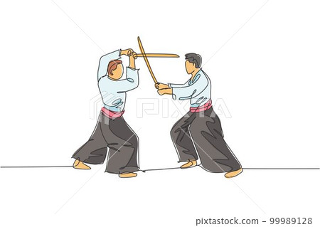Single continuous line drawing of two sportive men wearing kimono practice aikido sparring fight technique with wooden sword. Japanese martial art concept. One line draw design vector illustration Single continuous line drawing of two sportive men wearing kimono practice aikido sparring fight technique with wooden sword. Japanese martial art concept. One line draw design vector illustration 99989128