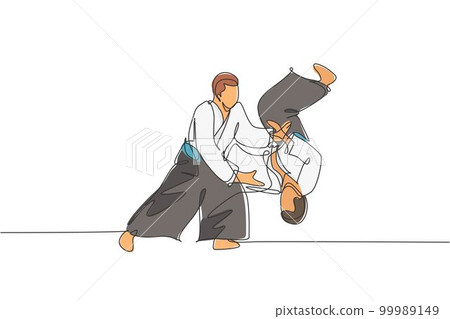 Single continuous line drawing of young sportive man wearing kimono practice throwing enemy in aikido fighting technique. Japanese martial art concept. Trendy one line draw design vector illustration Single continuous line drawing of young sportive man wearing kimono practice throwing enemy in aikido fighting technique. Japanese martial art concept. Trendy one line draw design vector illustration 99989149