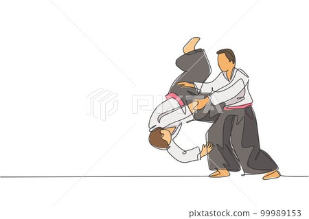 One single line drawing of two young energetic men wearing kimono exercise aikido slam technique in sports hall vector illustration. Healthy lifestyle sport concept. Modern continuous line draw design 99989153