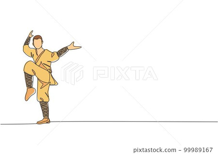 One single line drawing young energetic shaolin monk man exercise kung fu fighting at temple graphic vector illustration. Ancient Chinese martial art sport concept. Modern continuous line draw design 99989167