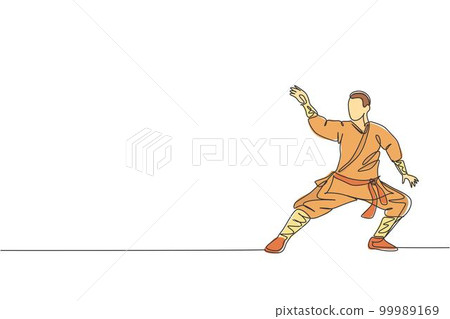 Single continuous line drawing young muscular shaolin monk man train martial art at shaolin temple. Traditional Chinese kung fu fight concept. Trendy one line draw design graphic vector illustration 99989169