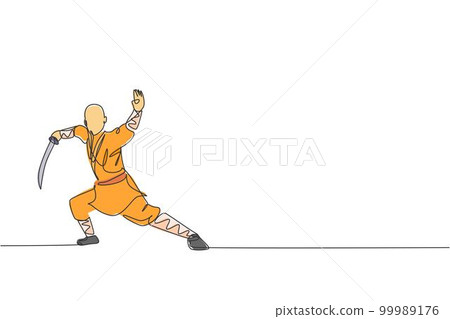One single line drawing of young energetic shaolin monk man exercise kung fu fighting with sword at temple vector illustration. Ancient martial art sport concept. Modern continuous line draw design One single line drawing of young energetic shaolin monk man exercise kung fu fighting with sword at temple vector illustration. Ancient martial art sport concept. Modern continuous line draw design 99989176