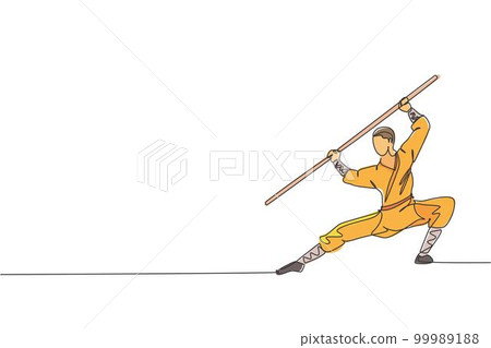 One continuous line drawing young shaolin monk man practice kung fu using long staff at temple ground. Traditional Chinese combative sport concept. Single line draw design graphic vector illustration 99989188