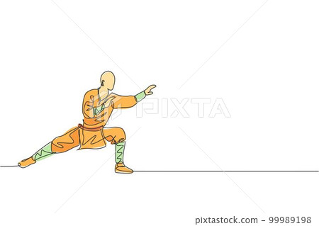 One continuous line drawing of young shaolin monk man practice kung fu style at temple ground . Traditional Chinese combative sport concept. Dynamic single line draw design graphic vector illustration 99989198