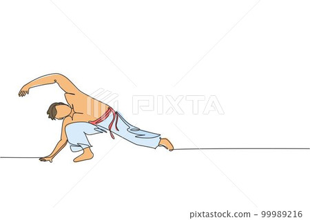 One single line drawing of young energetic man capoeira dancer perform dancing fight vector illustration graphic. Traditional martial art lifestyle sport concept. Modern continuous line draw design 99989216