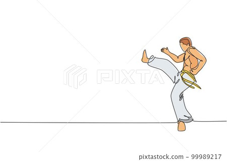 Single continuous line drawing of young sportive man practice Brazilian capoeira move dance at outdoor street. Culture martial art and sport concept. Trendy one line draw design vector illustration 99989217