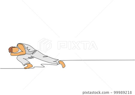 One continuous line drawing young sporty Brazilian fighter man training capoeira on the beach. Healthy traditional fighting sport concept. Dynamic single line draw graphic design vector illustration 99989218