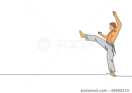 One single line drawing of young energetic man capoeira dancer perform dancing fight vector graphic illustration. Traditional martial art lifestyle sport concept. Modern continuous line draw design 99989219
