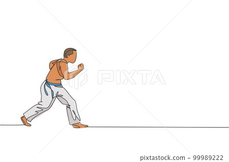 One continuous line drawing of young sporty Brazilian fighter man training capoeira on the beach. Healthy traditional fighting sport concept. Dynamic single line draw design vector illustration 99989222