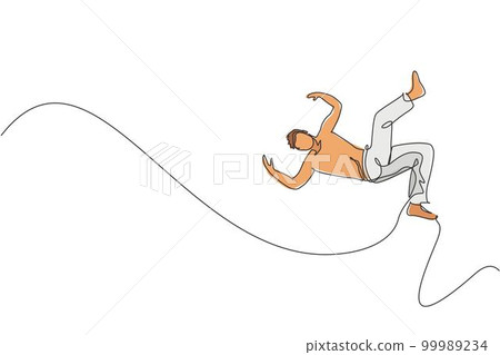Single continuous line drawing of young sportive man practice Brazilian capoeira move dance at outdoor street. Culture martial art and sport concept. Trendy one line draw design vector illustration Single continuous line drawing of young sportive man practice Brazilian capoeira move dance at outdoor street. Culture martial art and sport concept. Trendy one line draw design vector illustration 99989234