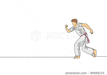 One continuous line drawing young sporty Brazilian fighter man training capoeira on the beach. Healthy traditional fighting sport concept. Dynamic single line draw graphic design vector illustration One continuous line drawing young sporty Brazilian fighter man training capoeira on the beach. Healthy traditional fighting sport concept. Dynamic single line draw graphic design vector illustration 99989235