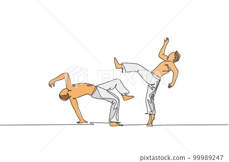 Single continuous line drawing of two young sportive men practice Brazilian capoeira move dance at outdoor street. Culture martial art sport concept. Trendy one line draw design vector illustration 99989247