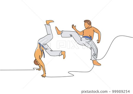 One continuous line drawing of two young sporty Brazilian fighter men training capoeira on the beach. Healthy traditional fighting sport concept. Dynamic single line draw design vector illustration One continuous line drawing of two young sporty Brazilian fighter men training capoeira on the beach. Healthy traditional fighting sport concept. Dynamic single line draw design vector illustration 99989254