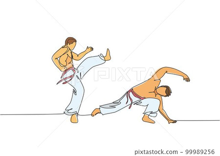 Single continuous line drawing of two young sportive men practice Brazilian capoeira move dance at outdoor street. Culture martial art sport concept. Trendy one line draw design vector illustration Single continuous line drawing of two young sportive men practice Brazilian capoeira move dance at outdoor street. Culture martial art sport concept. Trendy one line draw design vector illustration 99989256