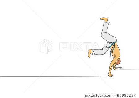 One single line drawing of young energetic man capoeira dancer perform dancing fight vector graphic illustration. Traditional martial art lifestyle sport concept. Modern continuous line draw design 99989257