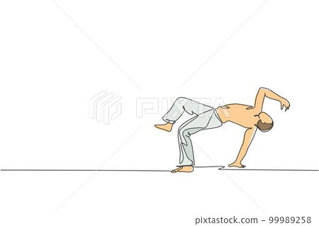 Single continuous line drawing of young sportive man practice Brazilian capoeira move dance at outdoor street. Culture martial art and sport concept. Trendy one line draw design vector illustration Single continuous line drawing of young sportive man practice Brazilian capoeira move dance at outdoor street. Culture martial art and sport concept. Trendy one line draw design vector illustration 99989258