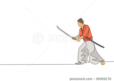 One continuous line drawing of young bravery samurai warrior pose ready to attack at training session. Martial art combative sport concept. Dynamic single line draw design vector graphic illustration One continuous line drawing of young bravery samurai warrior pose ready to attack at training session. Martial art combative sport concept. Dynamic single line draw design vector graphic illustration 99989276