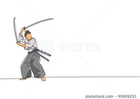 One continuous line drawing of young bravery samurai warrior pose ready to attack at training session. Martial art combative sport concept. Dynamic single line draw design graphic vector illustration One continuous line drawing of young bravery samurai warrior pose ready to attack at training session. Martial art combative sport concept. Dynamic single line draw design graphic vector illustration 99989281