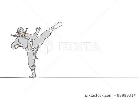 Single continuous line drawing of young Japanese culture ninja warrior on mask costume with attacking kick pose. Martial art fighting samurai concept. Trendy one line draw design vector illustration 99989314