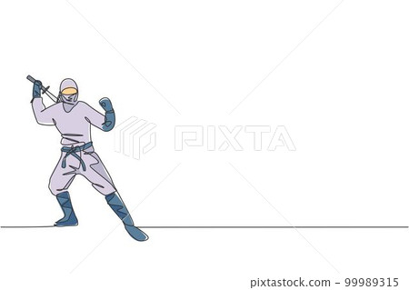One single line drawing of young energetic Japanese traditional ninja holding samurai sword on attack pose vector illustration. Combative martial art sport concept. Modern continuous line draw design 99989315